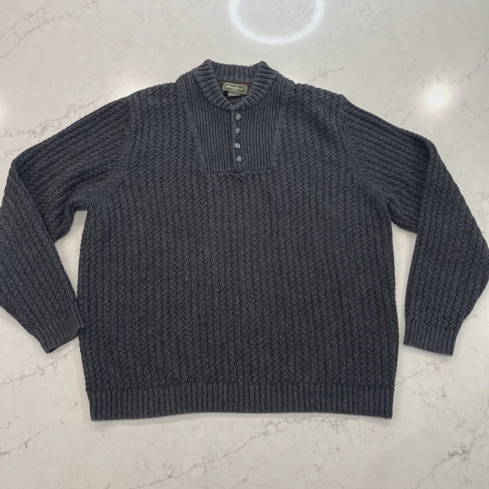 Eddie‎ Bauer Cotton Big Knit Gray Fisherman Sweater 1/4 Button XL Grandpa Preppy - Picture 1 of 6